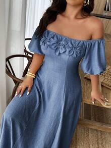 SHEIN LUNE Plus Size Solid Color Off-Shoulder Waist Cinching Dress With 3D Floral Decor - Blue - View 5