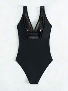 SHEIN Swim Bañador una pieza simple de malla en contraste - Negro - Ver 9