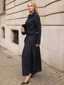 Elenary Edit Navy Blue Striped Commuter Shirt And Skirt Set, Autumn/Winter Elegant Pleated Skirt Set Spring - Navy Blue - View 3