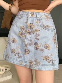 DAZY Chân váy denim ngắn dáng rộng, thoải mái, in họa tiết toàn thân, dành cho nữ, mùa xuân và hè. - Màu xanh lam - Xem 6