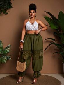 Maweii Plus Size Women Lace Patchwork Pleated Casual Versatile Daily Wear Lantern Pants - Dark Green - View 7