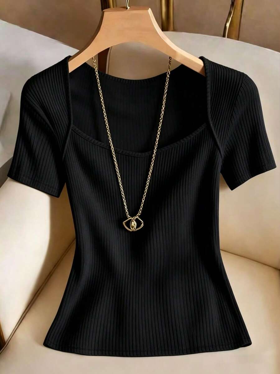 Franclia Camiseta de manga corta de unicolor, versátil y casual para uso diario de mujer - Negro - Ver 1