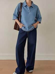 Dazy-Less 女士宽松半开襟蓝色短袖牛仔衬衫，春夏款 - 藍色 - 查看 3