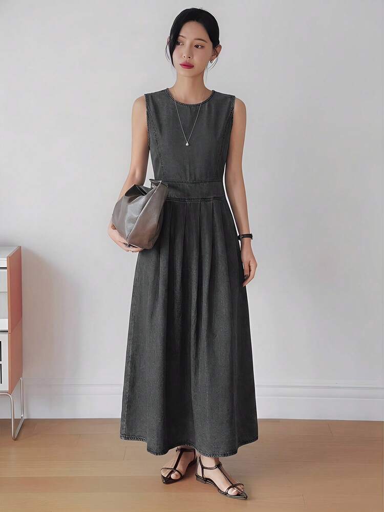 Black Sleeveless Loose Flared Midi Denim Dress For Women, Spring & Summer
