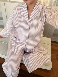 Dazy Plus 2pcs Plus Size Women Casual Striped Loose Fit Long Top And Pants Pajama Set, Spring/Autumn - Red - View 6