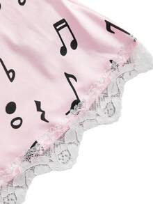 Y2K Retro Music Note & Piano Keyboard Print Tight Lace Trim Camisole 3 Pieces Set - Pink - View 14