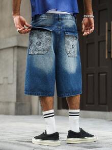 PAVTROS Herren Casual Bedruckte Patchwork Weite Bein Denim-Shorts, Sommer - Blau - Übersicht 4