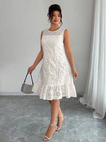 Cravure Plus Size Women's Spring/Summer Woven Embroidered Hollow-Out Double Ruffle Hem Dress Elegant - White - View 6