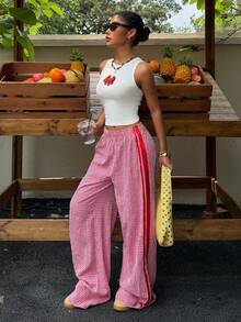 SHEIN Muchic 女士夏季新款纹理条纹短款修身圆领背心 - 白色 - 查看 4