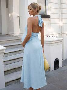 MaterniWear Maternity Vacation Solid Color Elegant Halter Dress - Baby Blue - View 2