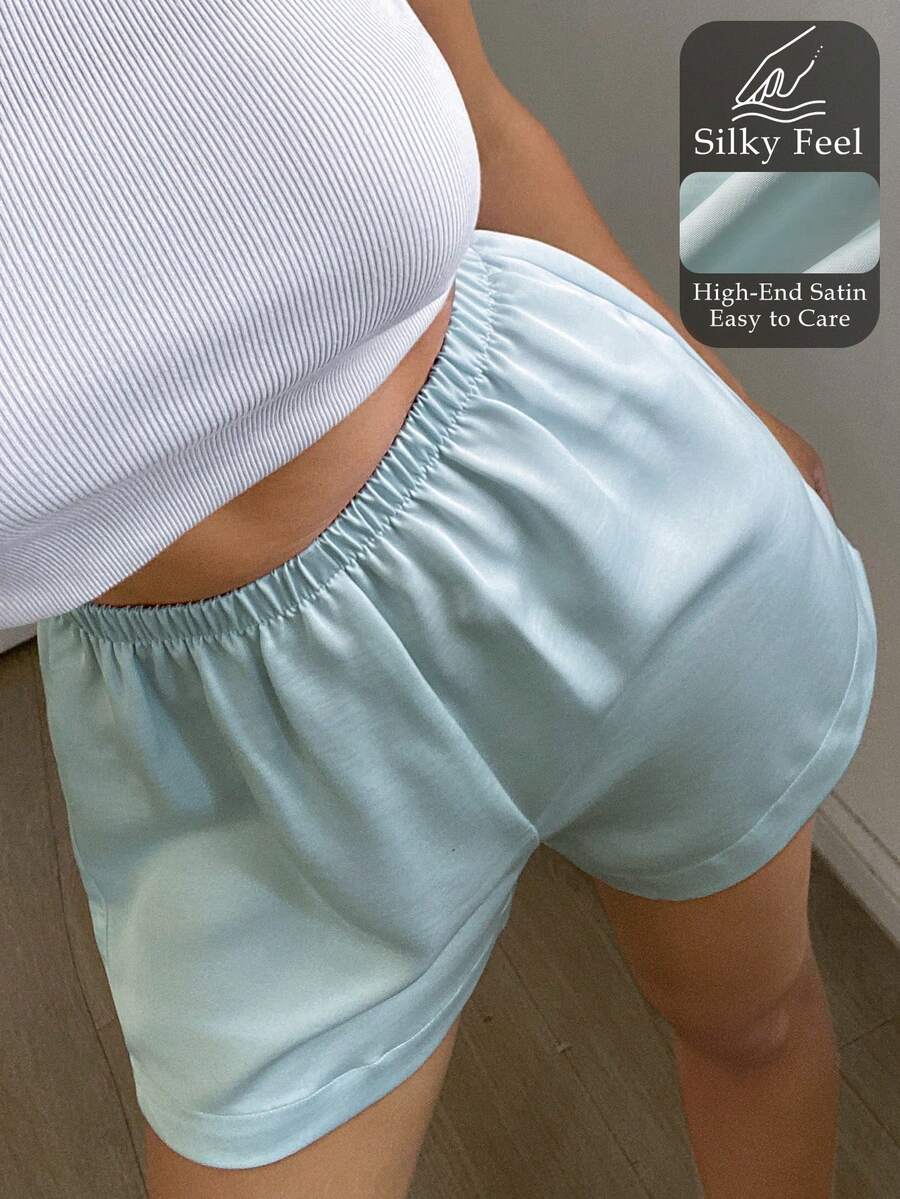 DAZY Quần short satin tối giản dành cho nữ, đồ ngủ mùa hè. - Màu xanh lam - Xem 1