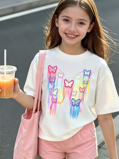 春夏彩色蝴蝶印花镂空设计基础款白色休闲T恤，适合青少年女孩日常穿着，舒适百搭。