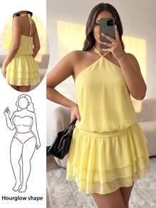 Hourglow Vestido de mujer talla grande de unicolor con volantes en el bajo y cuello halter, para figura de reloj de arena - Amarillo - Ver 2