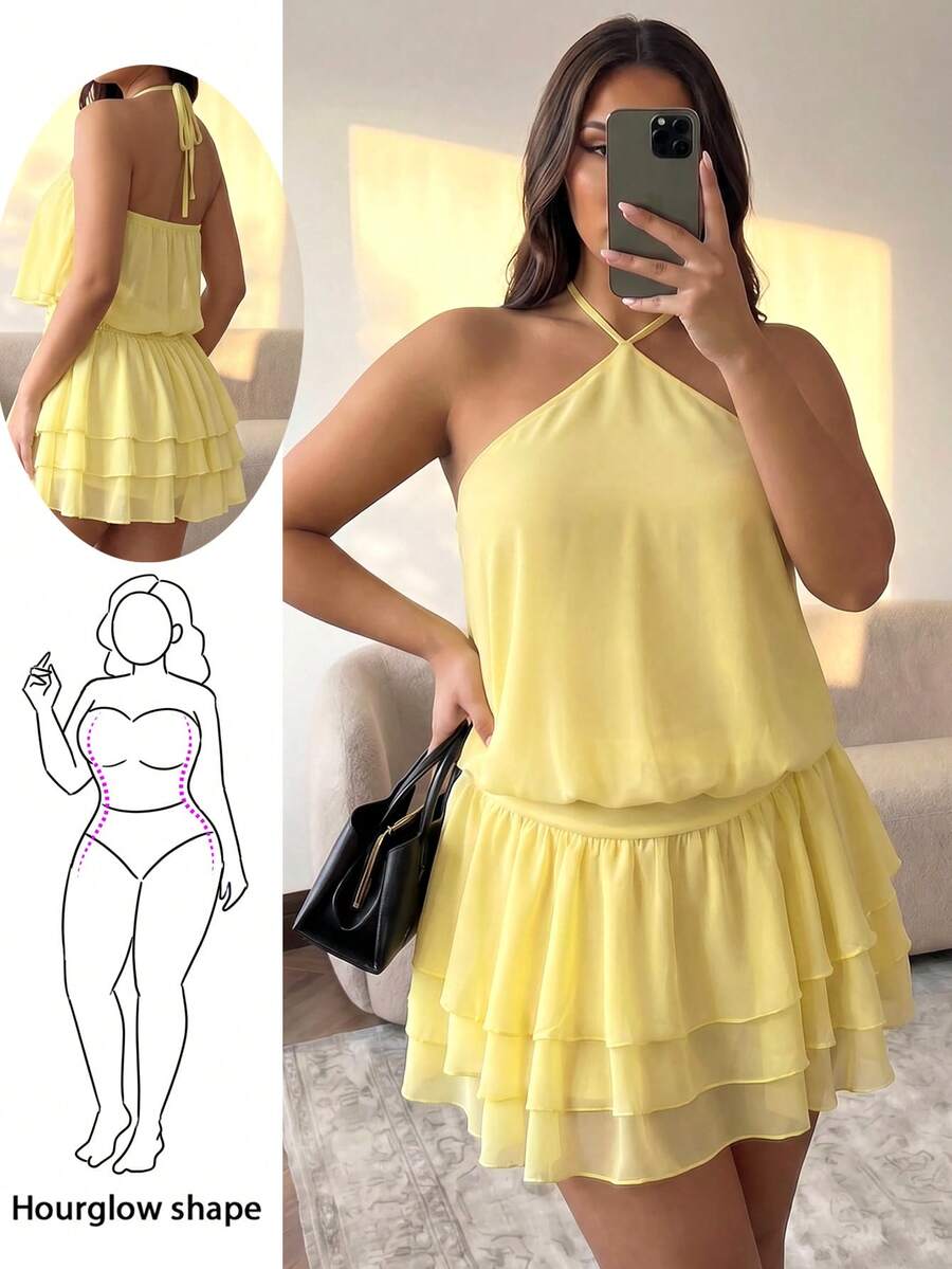 Hourglow Vestido de mujer talla grande de unicolor con volantes en el bajo y cuello halter, para figura de reloj de arena