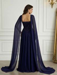 Modelyn Elegant Sequin Embellished Long Sleeve Dress, High-End Formal Gown For Banquet Women's Formal Evening Dress Gown (Heavy Embroidery) Women Rhinestone Embellished Sheer Black Long Evening Gown, Wedding Guest Dress, Elegant Evening Dress, Prom Dress, For Wedding Dress Waist And Chest Slimming, Party Dress, Formal Dress - Navy Blue - View 3