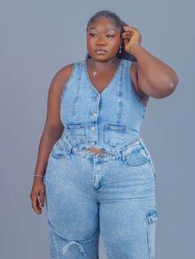CurvyTilda Áo vest denim bó màu xanh đậm cỡ lớn cho nữ - Rửa trung bình - Xem 3