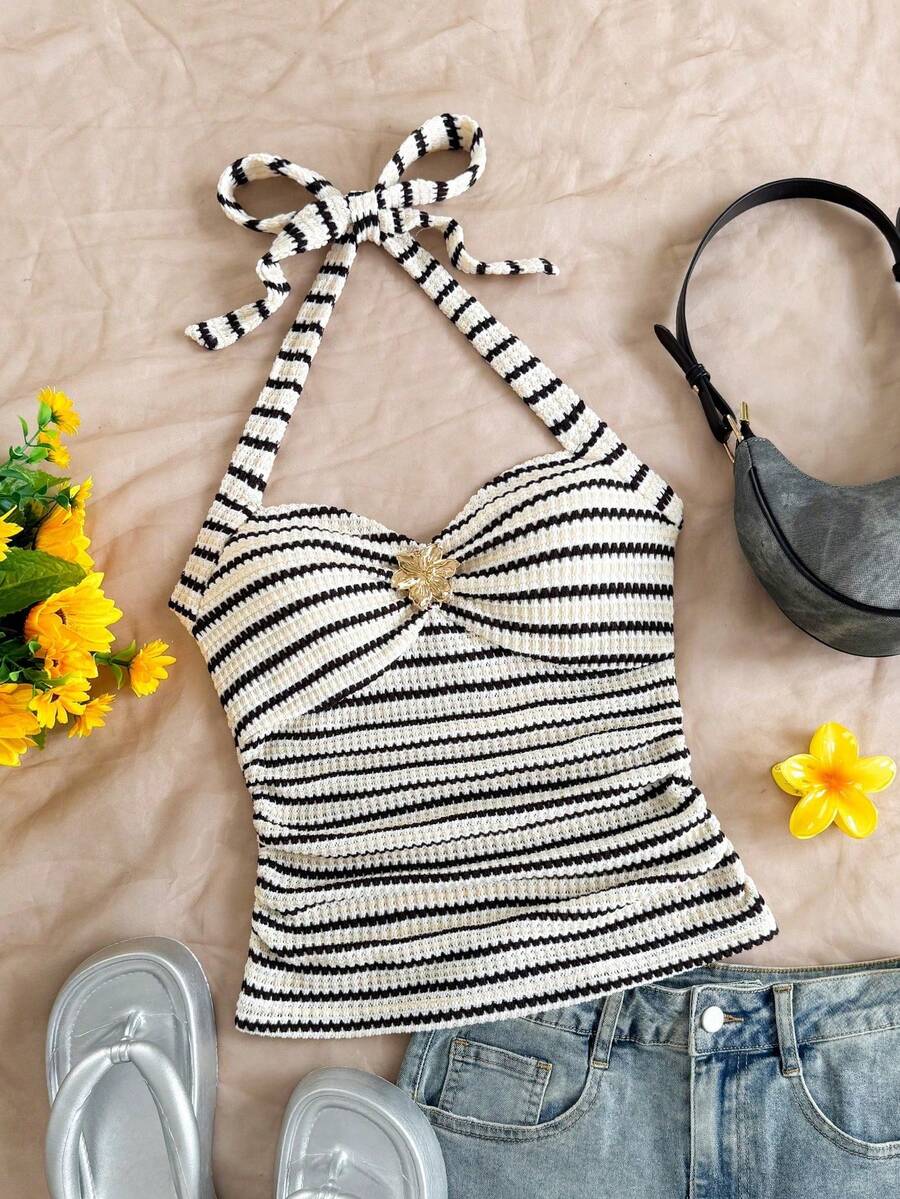SHEIN Teen GirlStriped Minimalist Casual Halter Neck Camisole - Black and White - View 1