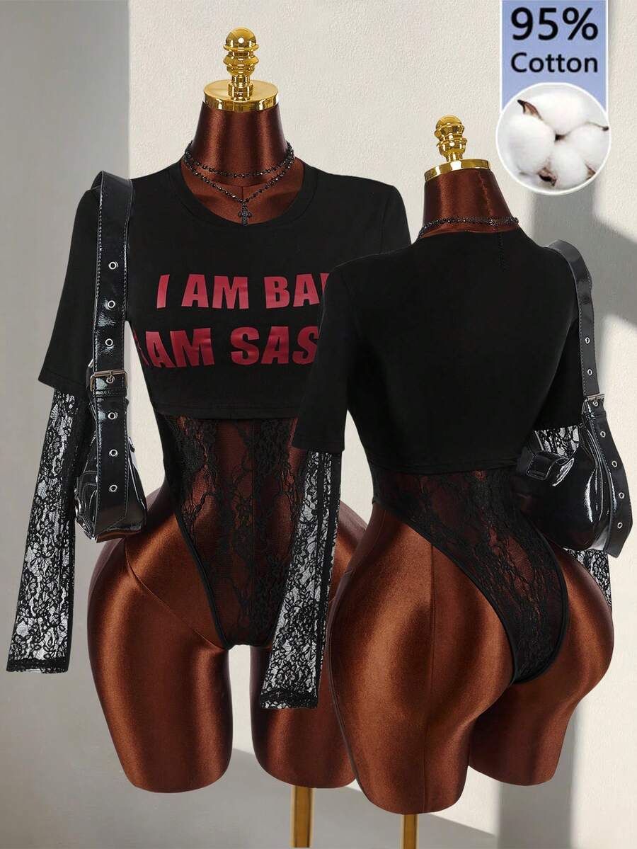 Amplova Women's Lace Patchwork Round Neck Letter Print Casual Bodysuit, Versatile For Daily Wear - Black - View 1