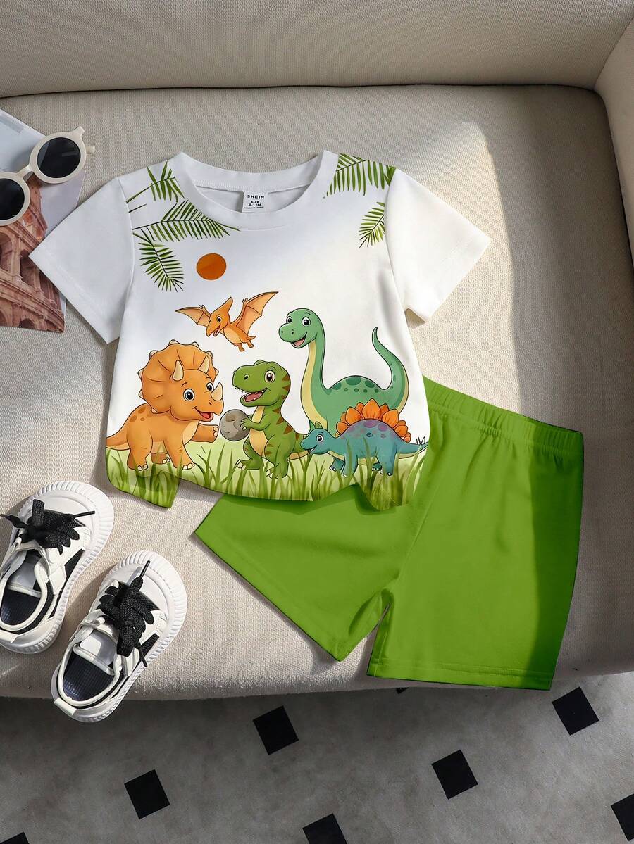 SHEIN Playful Pals Baby Boys' Cute Animal & Dinosaur Print Round Neck T-Shirt And Matching Shorts Set,White Summer Casual Beach Vacation Minimalist Outdoor School Wear - Multicolor - View 1