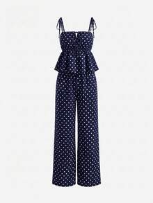 SHEIN PETITE Women's Casual Black Polka Dot Print Camisole And Pants 2 Pieces Set, Cute Polka Dot 2 Pieces Set For Summer, Polka Dot 2 Pieces Set For Valentine's Day Polka Dot Outfit 2 Pcs Set Women Summer,Vacation Outfits Women - Navy Blue - View 6