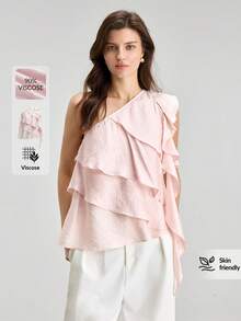 2026SS New Summer Women Pink Ruffle One Shoulder Top, Urban Commute Business Casual, Suitable For Christmas, New Year Party And Gathering - Pink - View 3