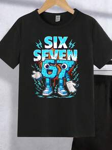 2件套男童休闲时尚创意清新简约蓝色数字67卡通积木闪电图案字母标语印花短袖T恤和短裤套装，舒适日常穿着，适合春夏穿着 - 黑色 - 查看 7