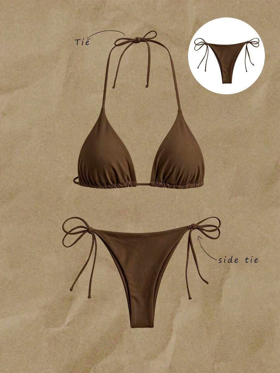 Elavelle Bikini gợi cảm buộc dây màu trơn mùa hè cho nữ đi biển - Cà phê nâu - Xem 1