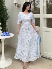 Modelyn 女士夏季新款浪漫印花提花斗篷袖收腰连衣裙 - 淺藍色 - 查看 4