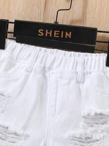 SHEIN Baby Boy New Fashion Casual Soft Distressed Cotton White Denim Loose Ripped Frayed Jeans Shorts Spring Summer,For Spring/Summer Dailywear,Boys Streetwear,Festival For Boys,Party For Boys,Beach For Boys,Boys Graduation,Casual Baby,Summer Vacation For Baby, Graphic Jeans Boys,Shorts,2-Years-Old Boys Shorts,Casual Shorts,Summer Shorts, White Ripped Shorts, White Shorts Jeans, Summer Shorts Jeans,Baby Shorts - White - View 3