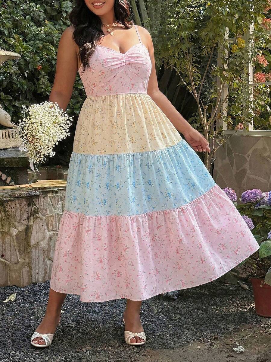 SHEIN Holidaya Đầm hoa nhí màu Dopamine dáng dài, dây mảnh, thích hợp cho nữ cỡ lớn mùa xuân/hè, thích hợp mặc hàng ngày và đi nghỉ mát. - Nhiều màu - Xem 1