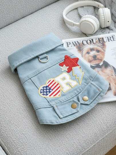 PETSIN 1pc Cat And Dog Clothing, Embroidered Star Heart Light Blue Pet Jacket Casual, Fashionable And Comfortable Small Dog Top
