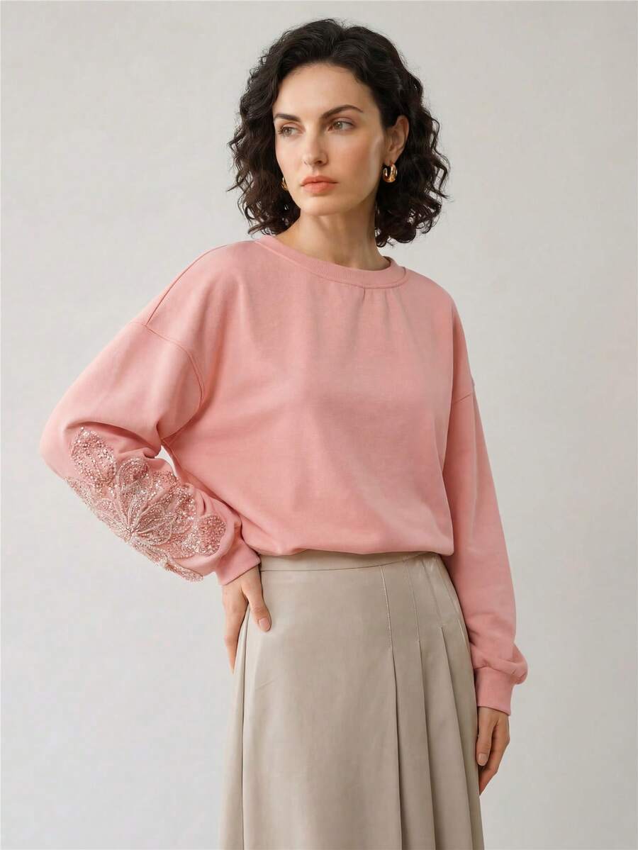 Uhlyne Uhlyne Sudadera holgada de cuello redondo de manga larga con bordados florales, cuentas y lentejuelas para mujer, otoño/invierno - Rosa - Ver 1