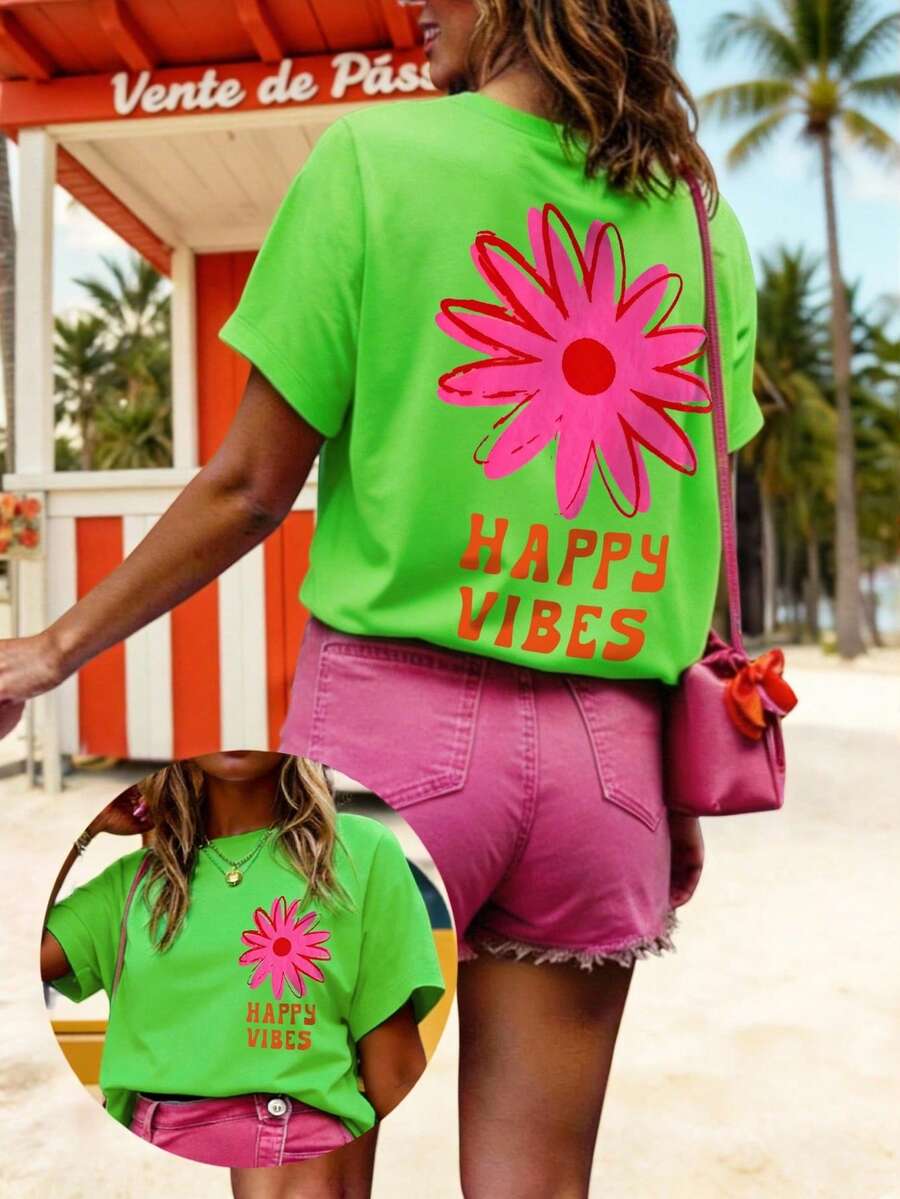 EMERY ROSE Women's Graphic T-Shirt, Casual Street Style Short Sleeve Tee, Cute Summer Top - Green - View 1