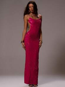 MUSERA Sequin Spaghetti Strap Maxi Dress Long Dress Open Back Sexy Summer Spring Rave Festival Holiday Vacation Ibiza Wedding Guest Party Going Out Urchin - Pink - View 1