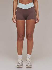 Musera Sport Contrast Cross Over Waistband Active Shorts Sports Workout Gym Pilates Fitness Daily Casual Aqua - Brown - View 2