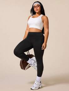 SHEIN Sports 加大码女士黑色紧身七分高腰运动打底裤，带侧袋，适合日常休闲穿着、跑步、瑜伽、健身、网球、高尔夫等运动。 - 黑色 - 查看 5