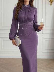 Modelyn Luxury Evening Gown, Stand Collar Long Sleeve Rhinestone Embellished Elegant Formal Dress - Purple - View 5