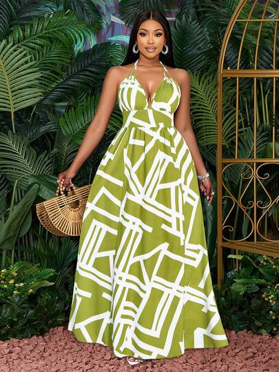 SOLERSUN Women's Plus Size Halter Neck Geometric Print Backless Maxi Dress, Geometric Print Smocked Waist Tie Back Vacation Beach Dress