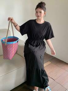 Dazy Plus Plus Size Women Solid Color Round Neck Pleated Casual Vacation Date Dress Sun Dresses For Women Summer - Black - View 5