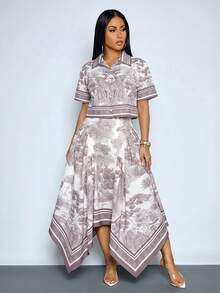 SOLERSUN 女士春夏休闲优雅杏色印花百褶不对称下摆中长裙。百搭新款式，复古日落假日印花，适合春季、夏季、日常通勤和外出穿着。 - 咖啡棕 - 查看 4