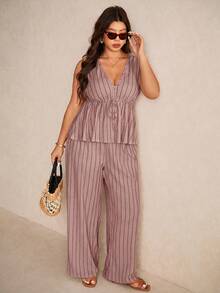 SHEIN Elaquor Plus Size Casual Vacation Striped Sleeveless A-Line Dress Shirt And Straight Leg Casual Pants 2 Pieces Set - Dusty Pink - View 7