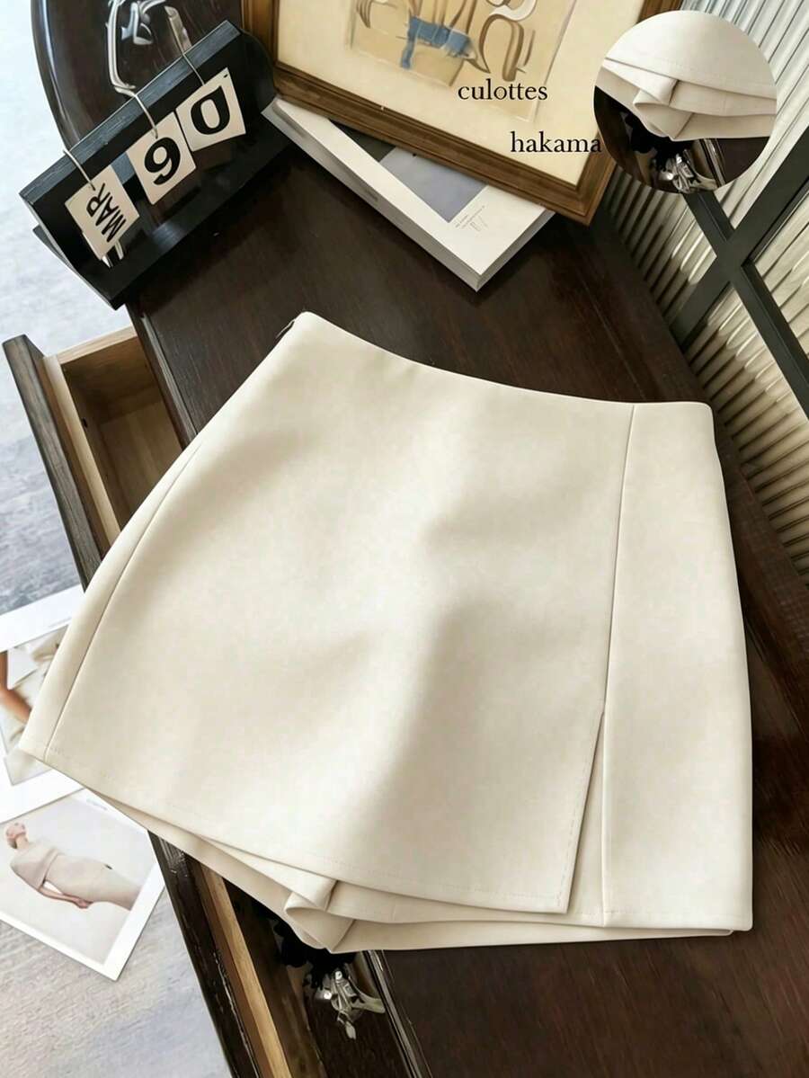 Franclia Pantalones cortos/falda/culotte/shorts de mujer de tela suave y texturizada de cintura alta con abertura, de uso versátil y casual, para primavera/otoño - Beis - Ver 1