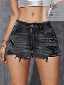 SHEIN ICON Plus Size Women's Fashion Versatile Washed Distressed Skinny Shorts - Black - View 1