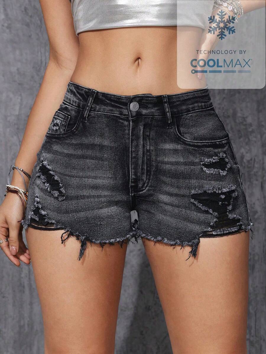 SHEIN ICON Plus Size Women's Fashion Versatile Washed Distressed Skinny Shorts - Black - View 1