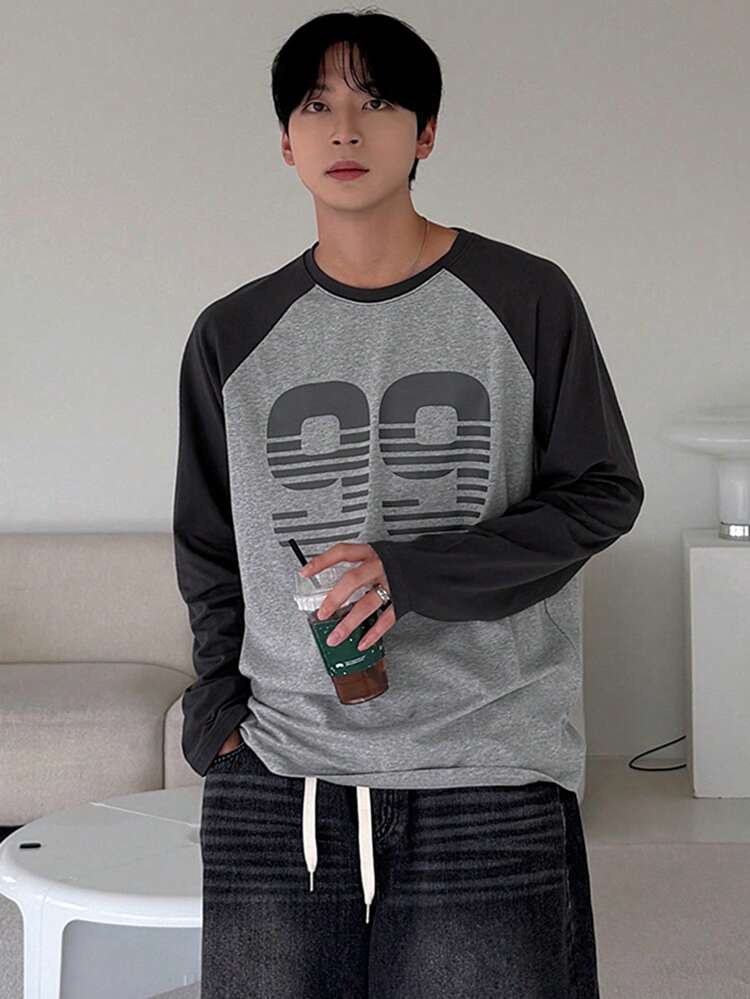 Men's Black & Grey Patchwork Numeric Print Long Sleeve T-Shirt