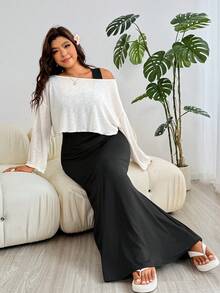 Solflare Plus Size Women Summer Solid Color Sleeveless Dress & Shawl 2 Pieces Set - Black and White - View 4