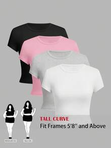 SHEIN Tall CURVE 大码女式纯色圆领短袖休闲百搭T恤 - 彩色 - 查看 2
