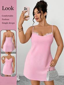Elenzga Đầm ngắn dáng suông cỡ lớn dành cho nữ, cổ xếp ly, đính đá lấp lánh, thanh lịch, gợi cảm, lãng mạn, phù hợp cho các bữa tiệc, họp mặt, kỳ nghỉ, đám cưới, chất liệu co giãn cao, eo ôm sát, dáng chữ A, màu hồng. - Hồng - Xem 3