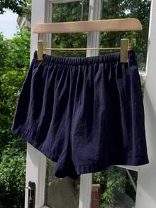 Comfortcana Pantalones cortos de mujer casuales y sueltos con cordón, pantalones cortos de lino de uso diario versátil en azul marino - Azul Marino - Ver 2