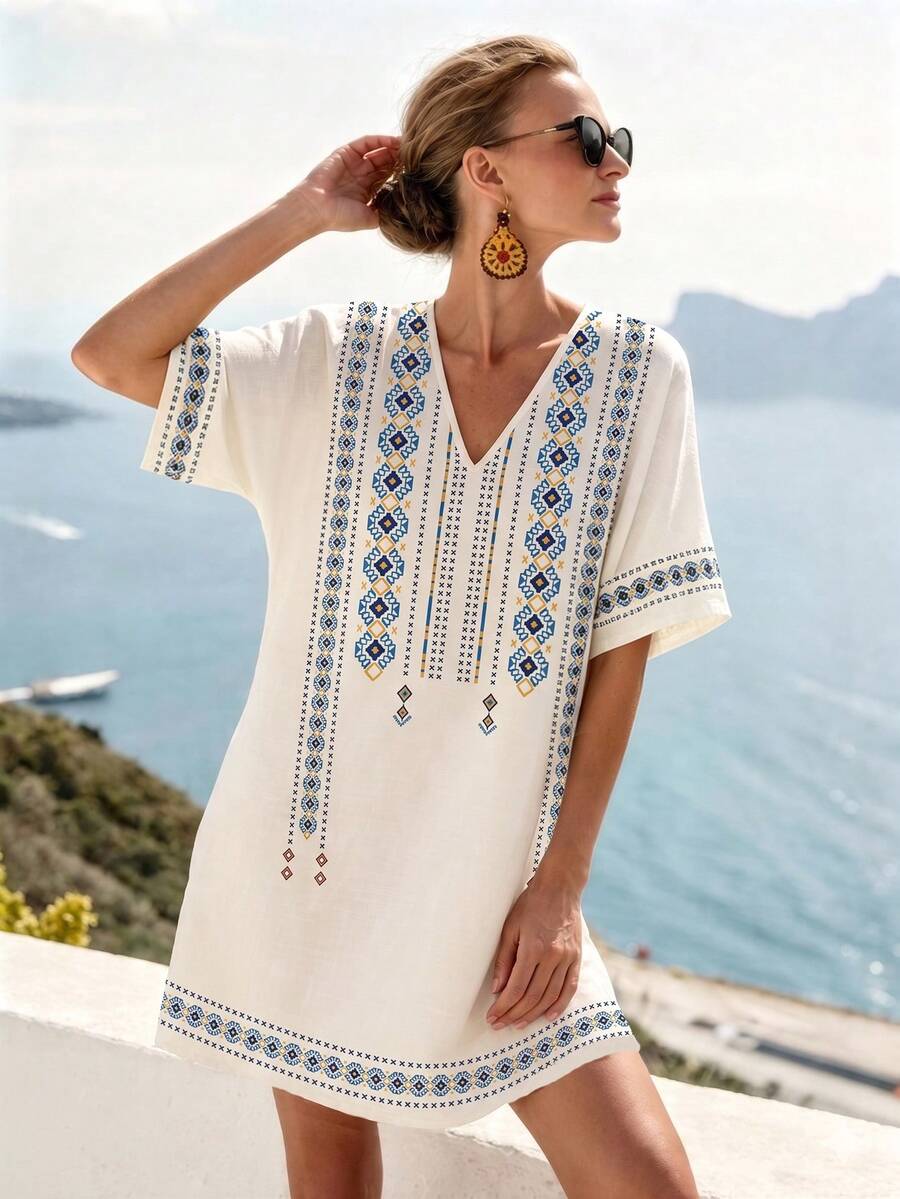 LanaWest 女士V领几何印花宽松休闲/度假迷你连衣裙 - 杏色 - 查看 1